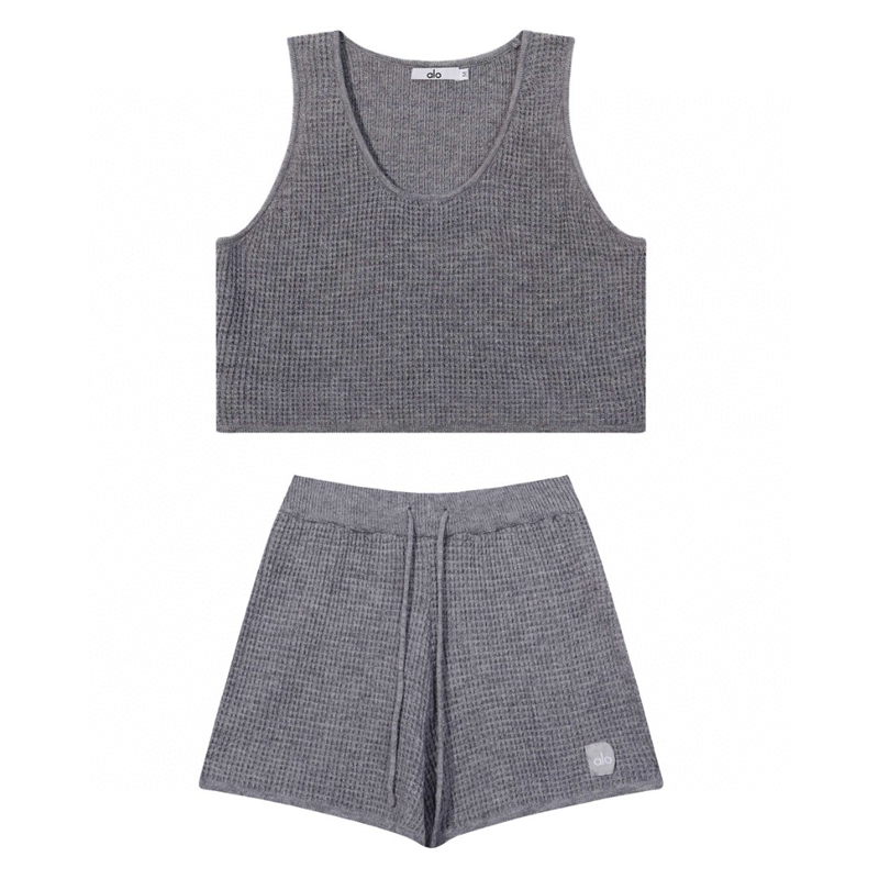 Kendall Jenner Style Waffle Knit Vest & Shorts Set - Alo-Inspired Matching Lounge Set, Breathable Cotton Streetwear Two-Piece